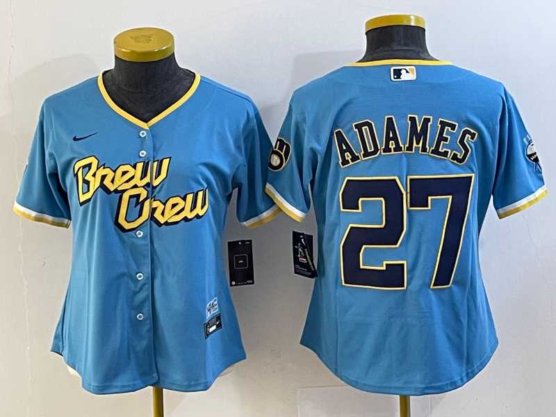 Womens Milwaukee Brewers #27 Willy Adames Blue 2022 City Connect Cool Base Stitched Jersey